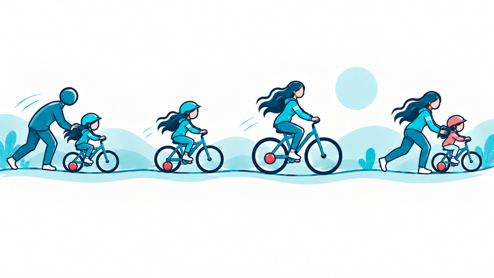 Ein Kind lernt Fahrradfahren, fährt später selbst sicher und bringt es als Erwachsene dem eigenen Kind bei
