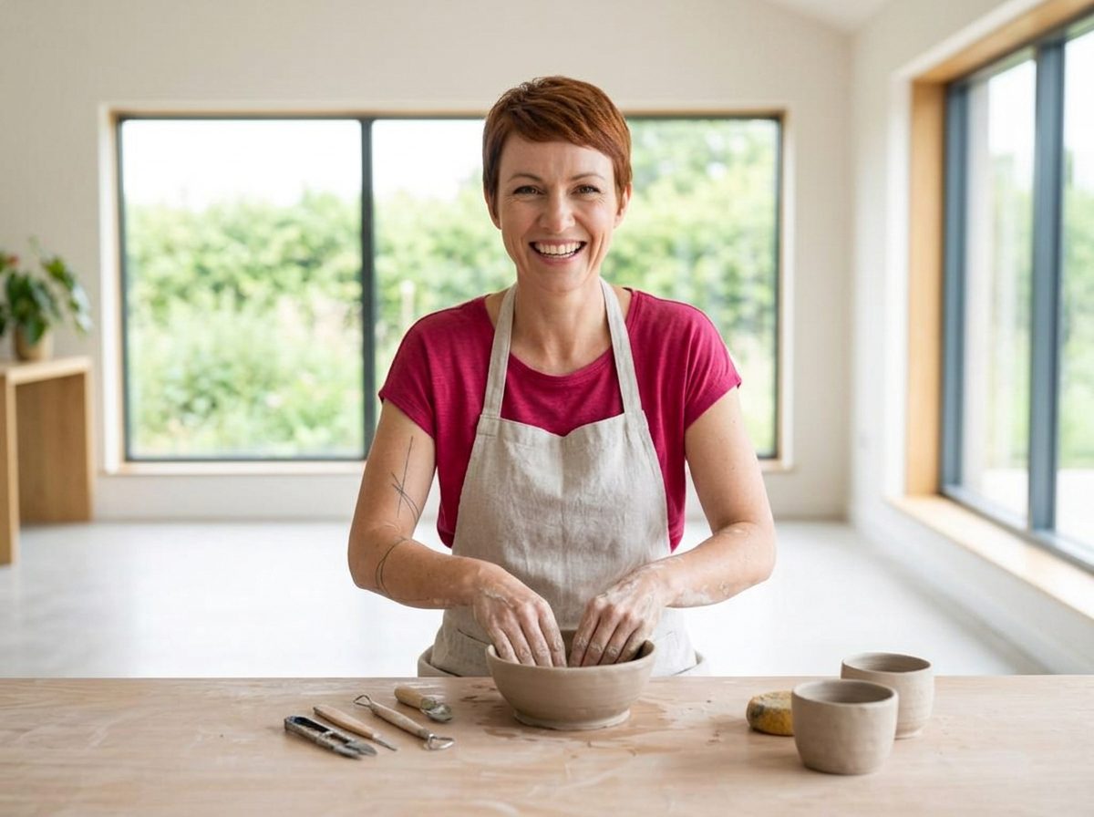 Quereinsteigerin bei der Arbeit mit Ton in einer hellen Keramikwerkstatt